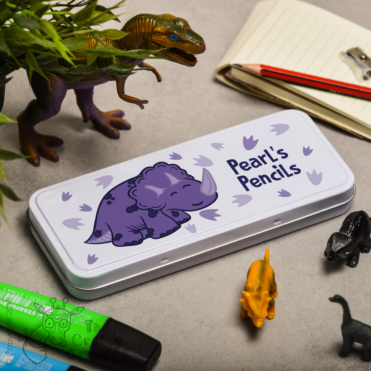 Personalised Purple Triceratops Pencil Tin
