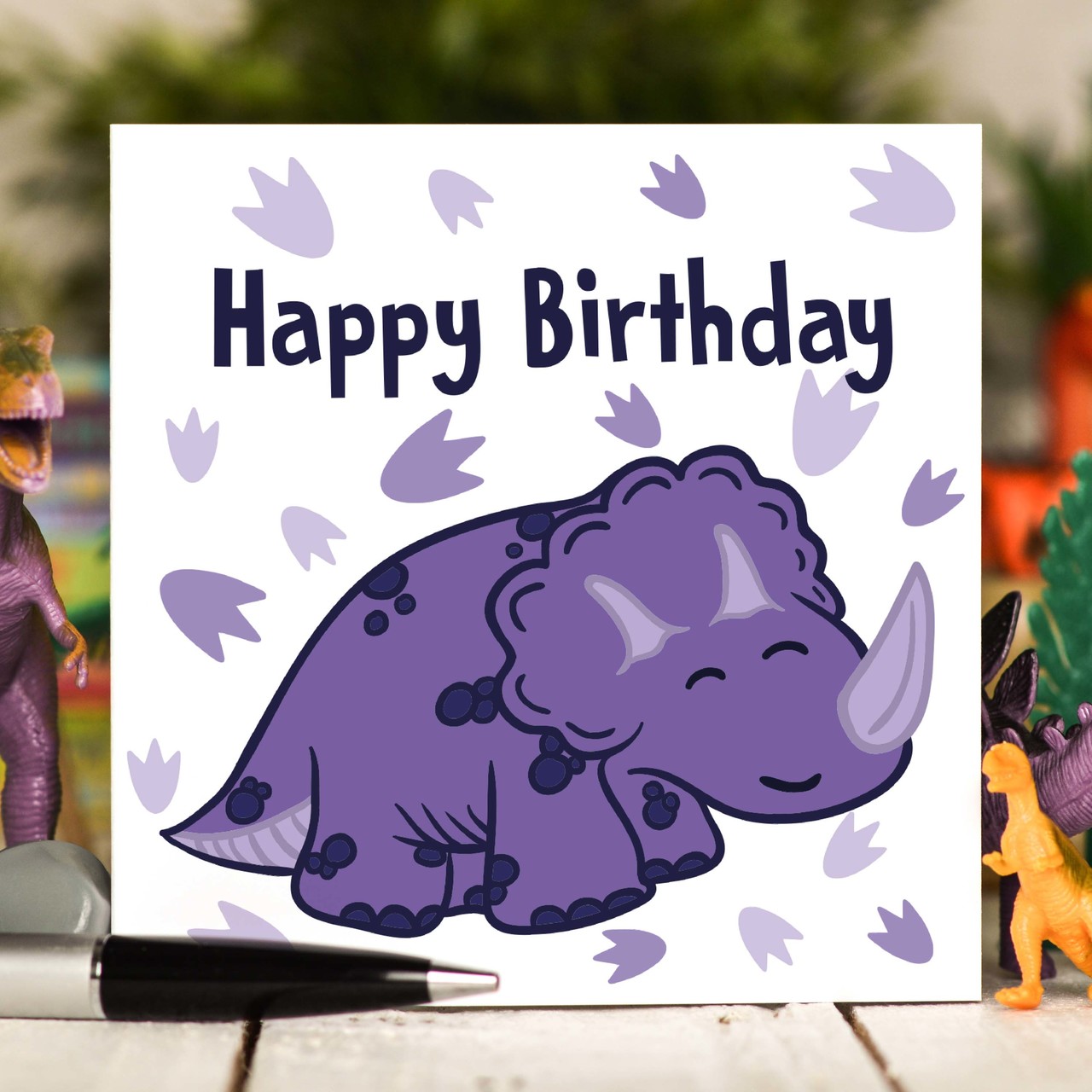 Purple Triceratops Birthday Card