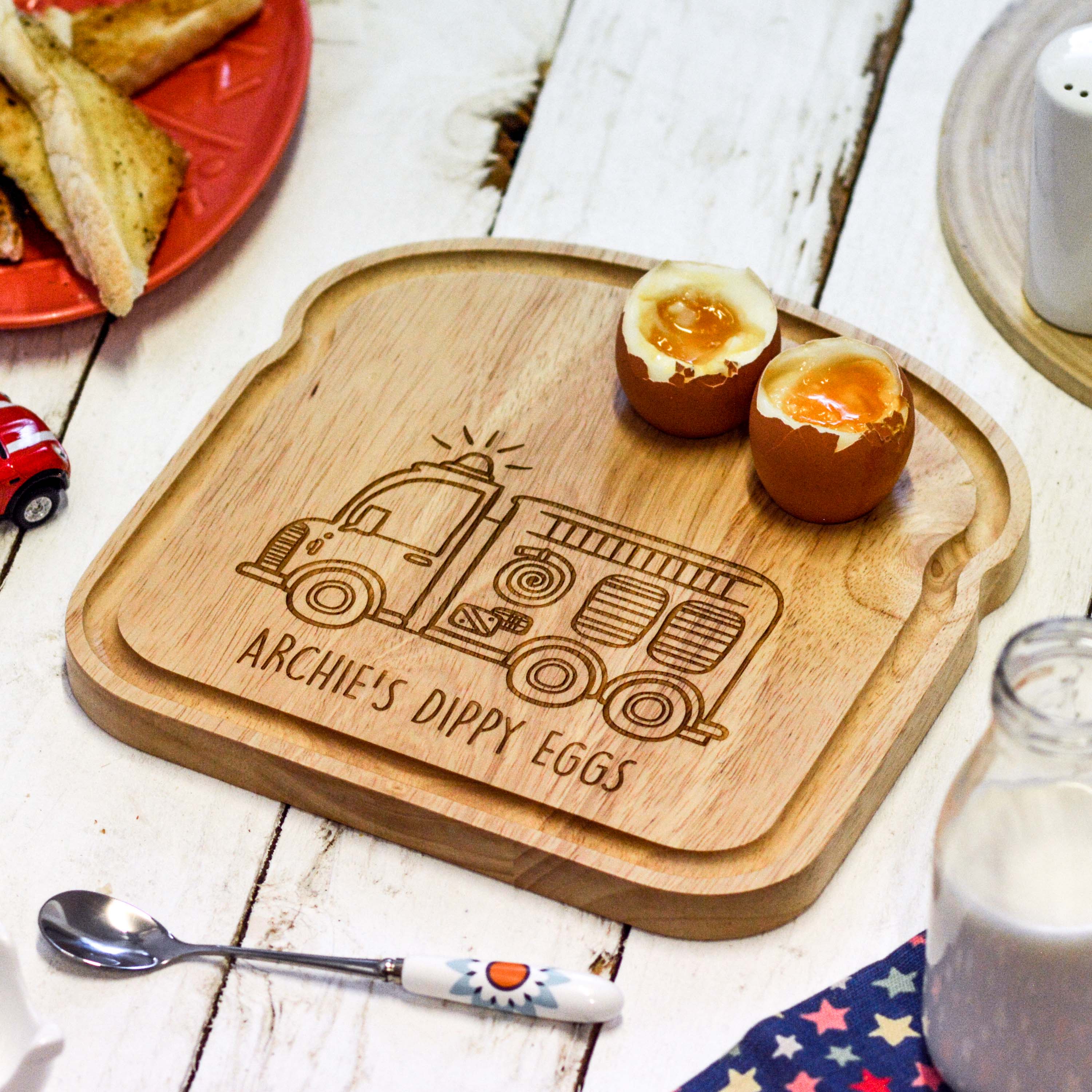 Personalised Breakfast Egg Wooden Board – Fire Engine