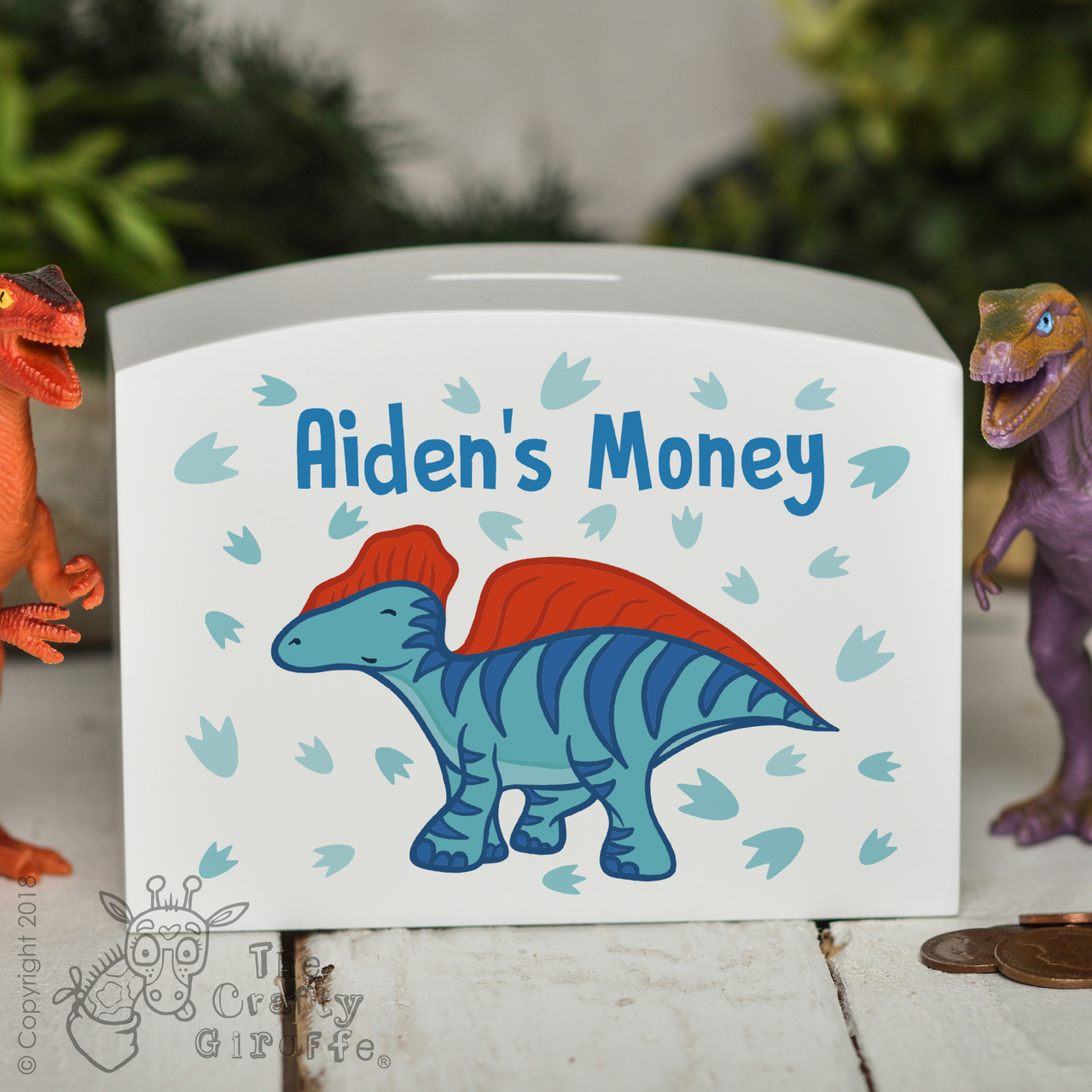 Personalised Blue Dinosaur Money Box