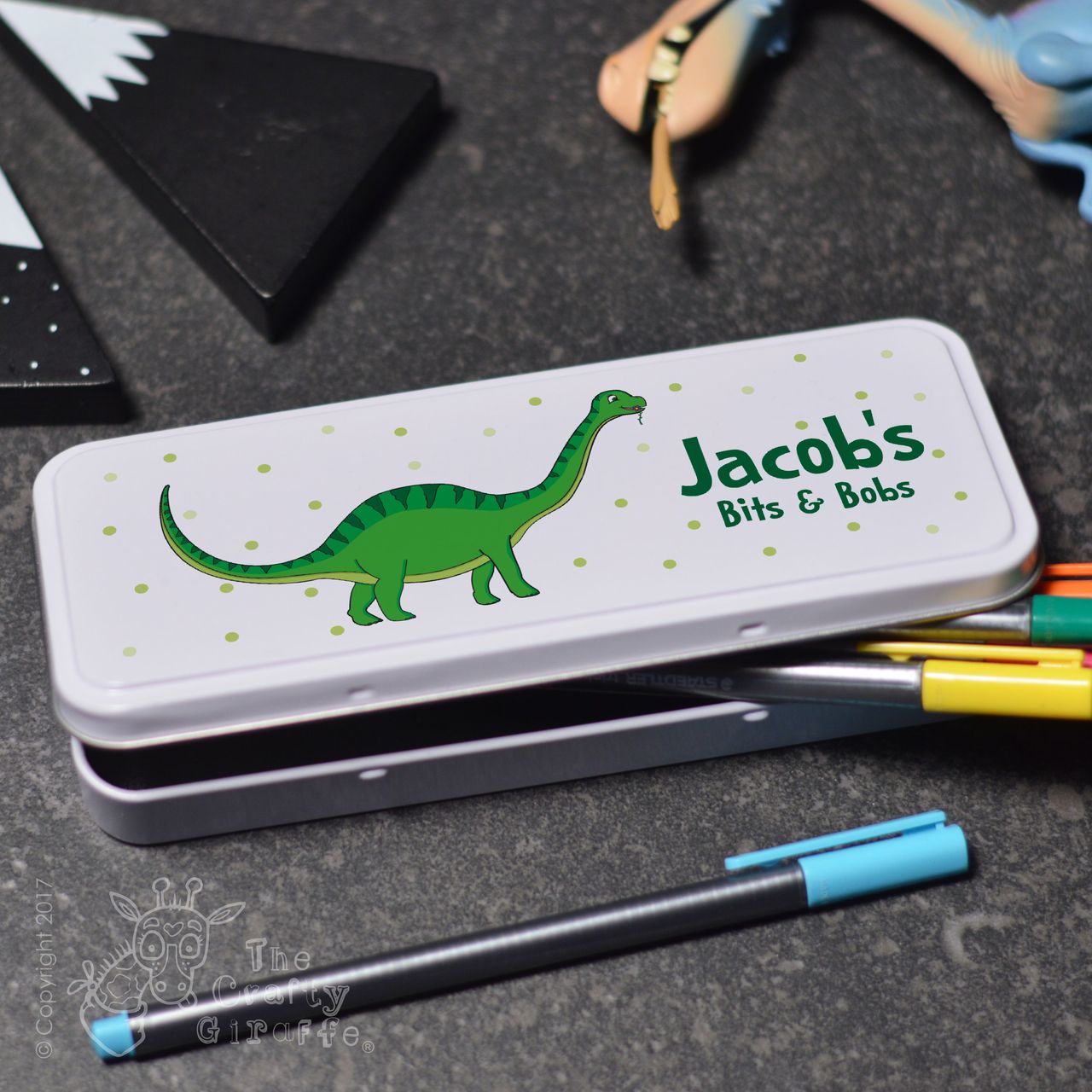 Personalised Green Dinosaur Pencil Tin