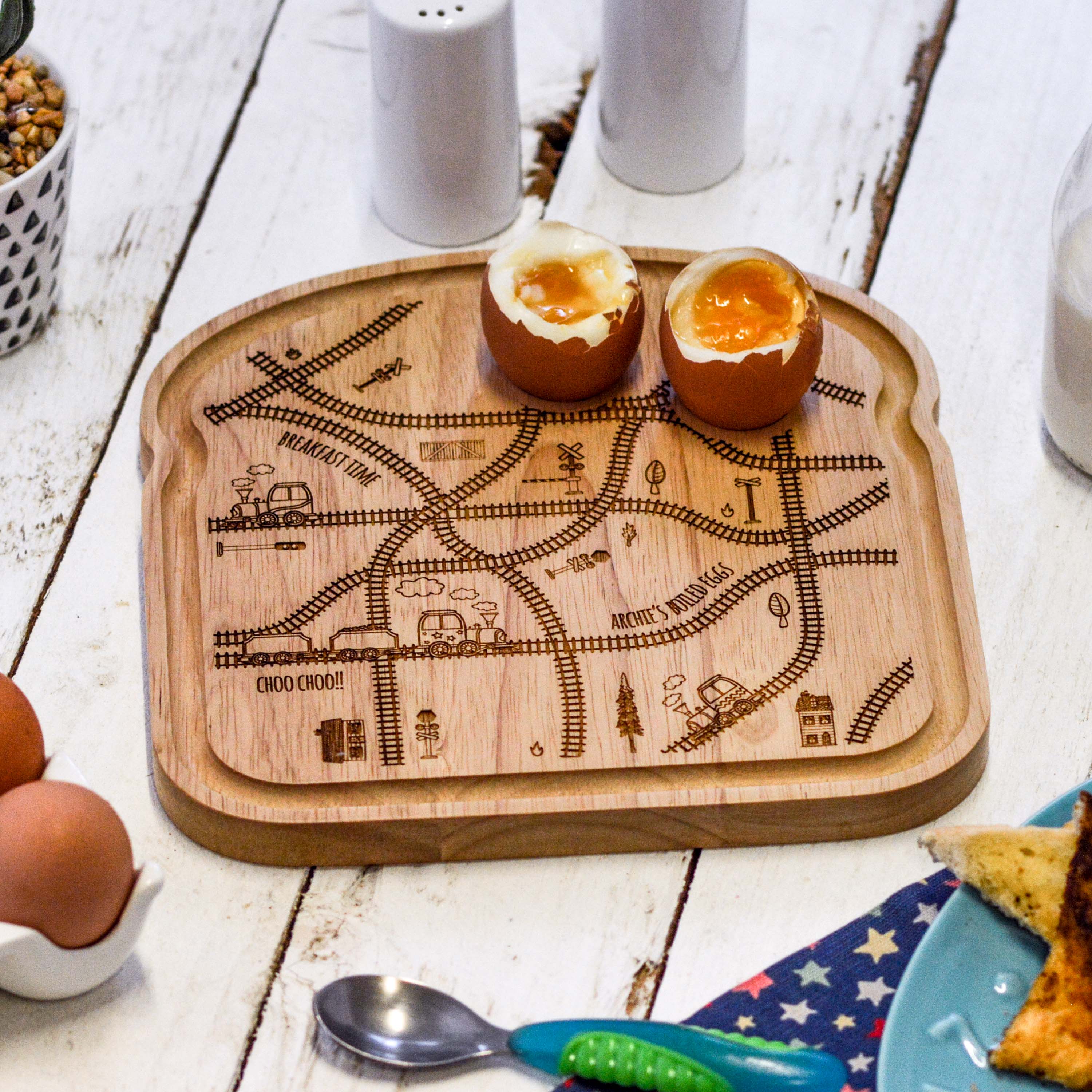 Personalised Breakfast Egg Wooden Board – Train Track
