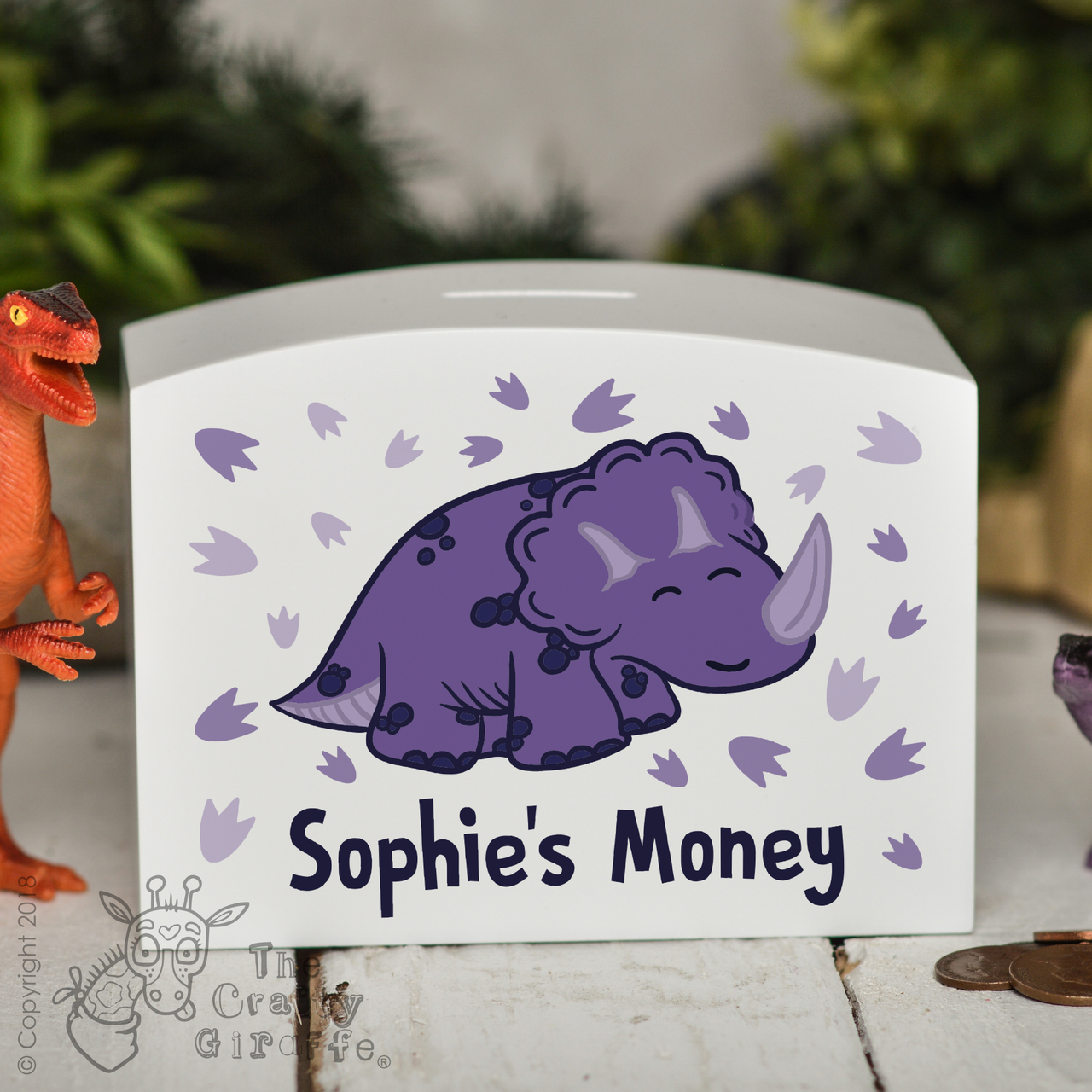 Personalised Purple Triceratops Money Box