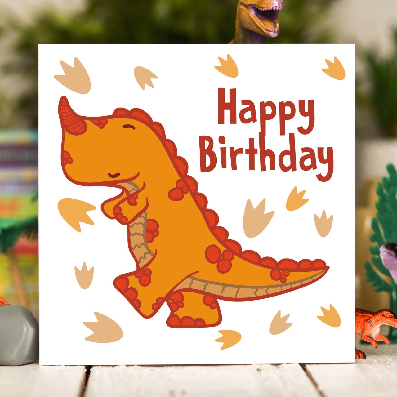 Orange T-Rex Birthday Card