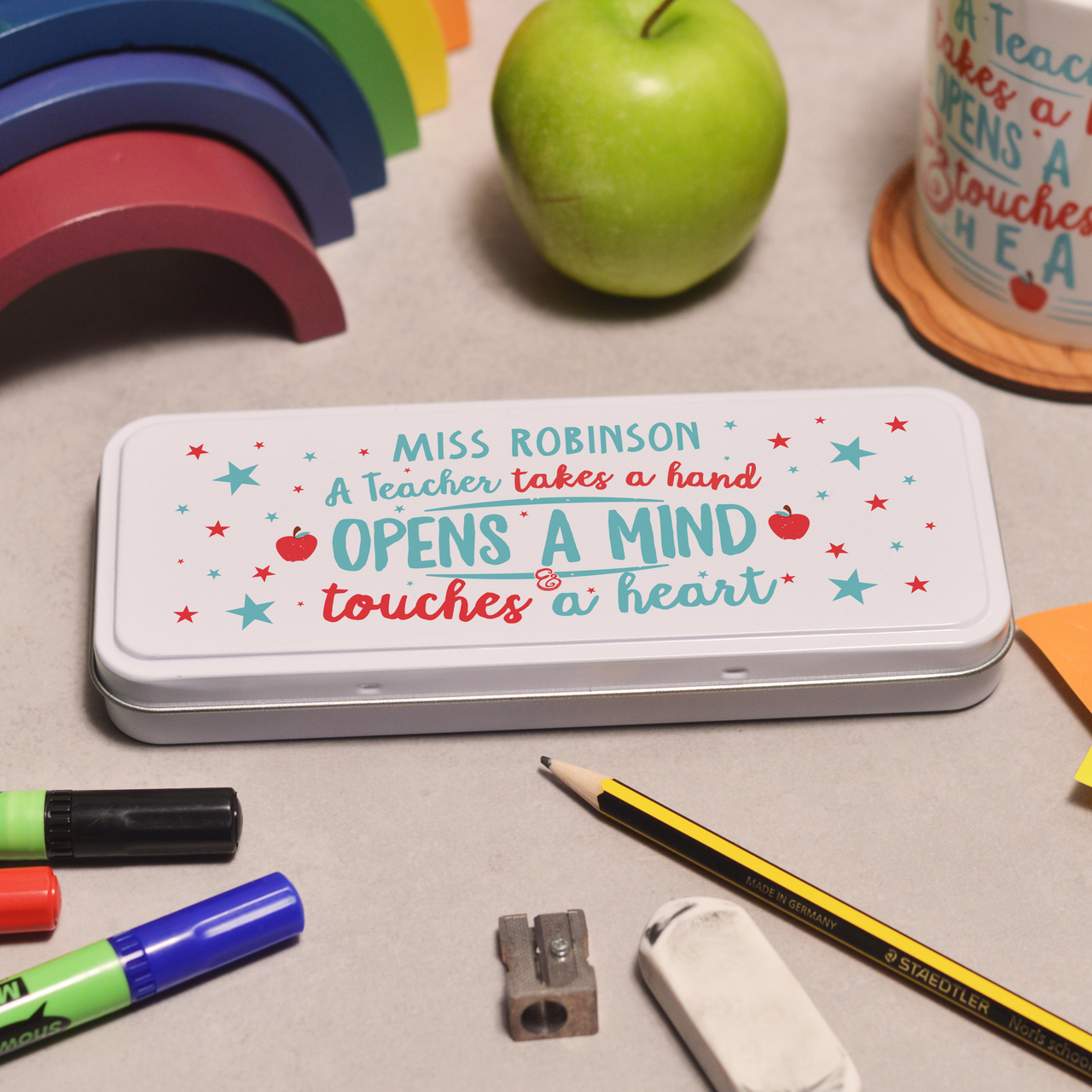 Personalised A teacher takes a childs hand Pencil Tin