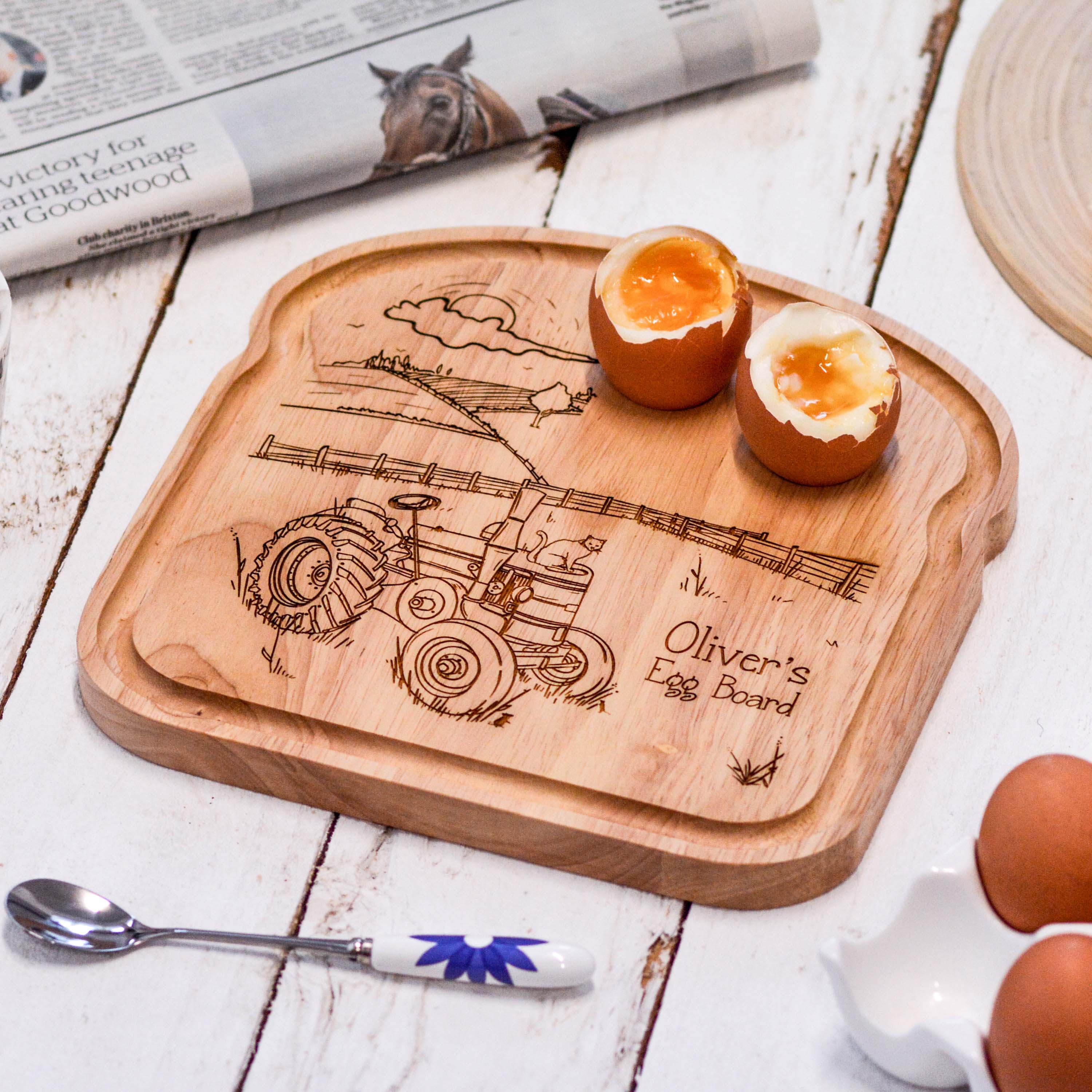Personalised Breakfast Egg Wooden Board – Tractor