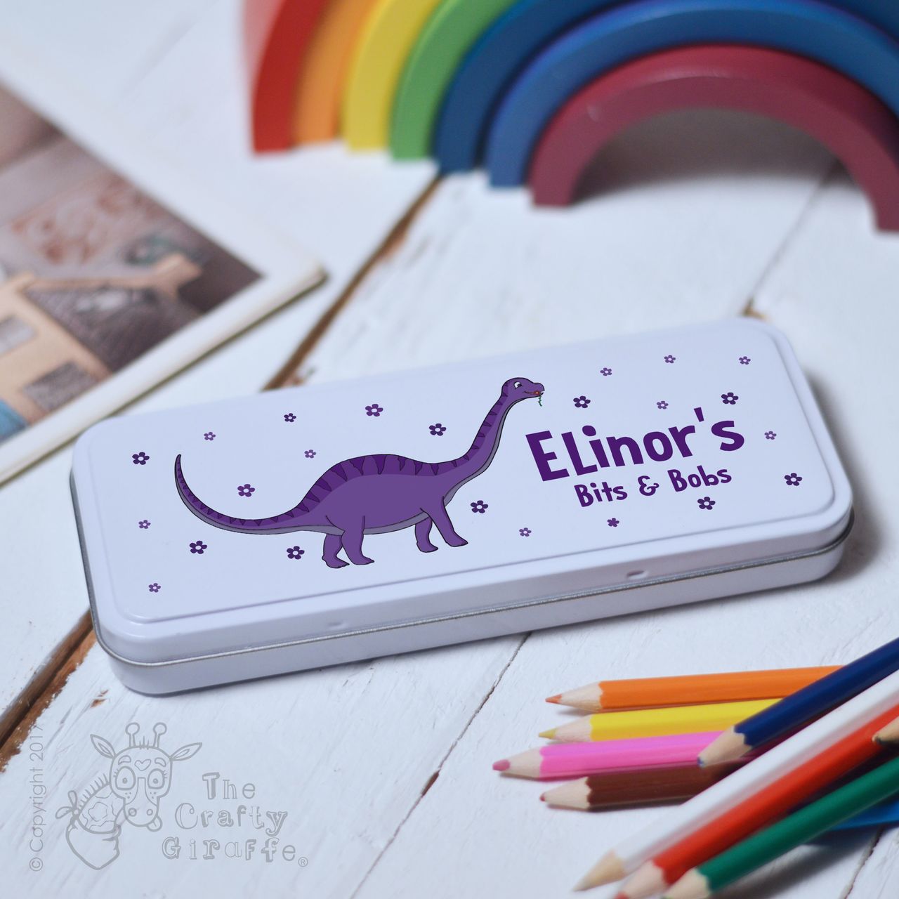 Personalised Purple Dinosaur Pencil Tin