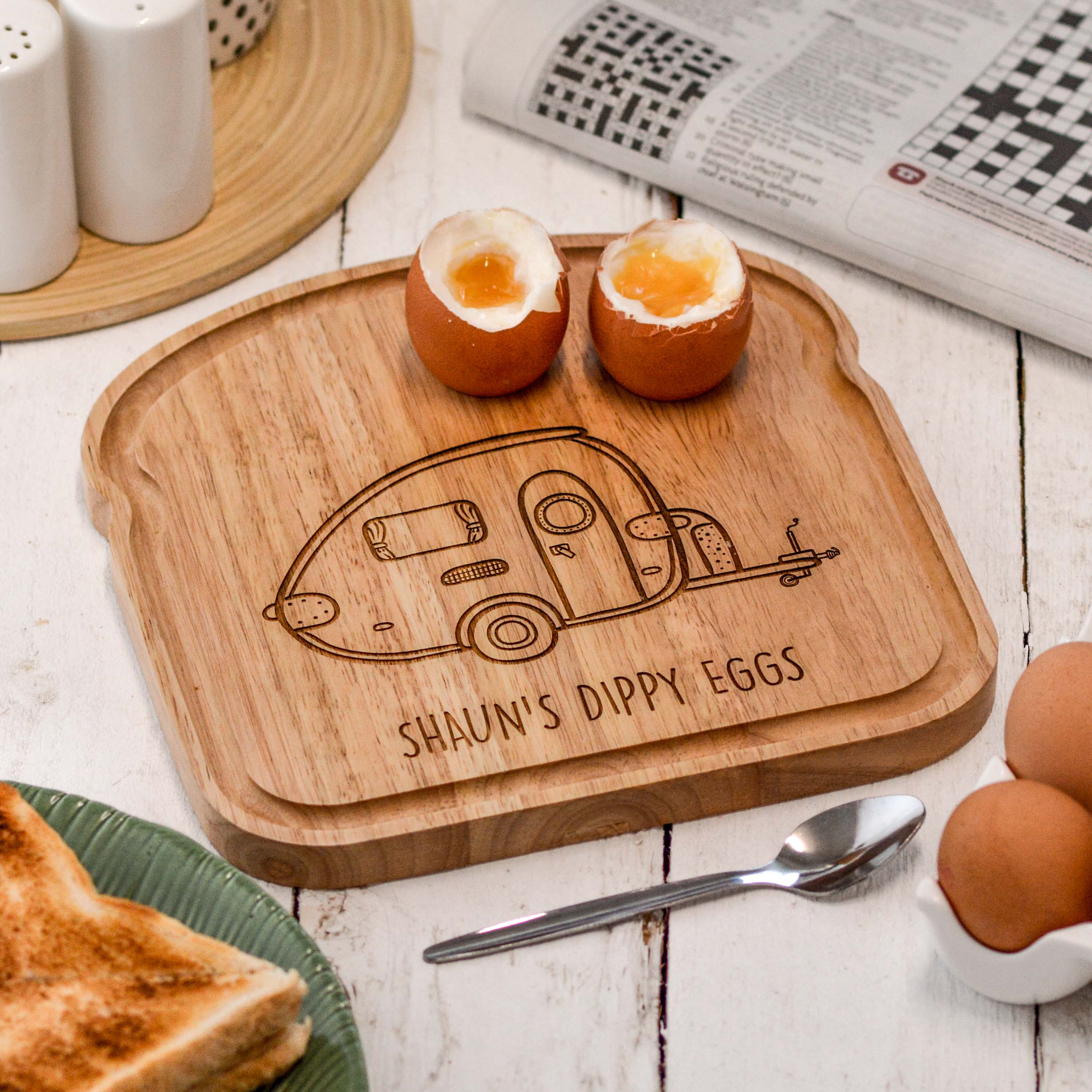 Personalised Breakfast Egg Wooden Board – Caravan